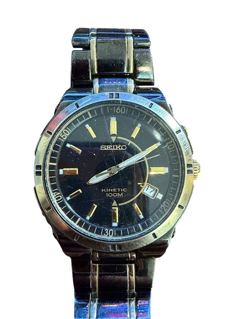 Seiko Kinetic 100M Men's Watch Two-Tone Black Dial Date Stainless Steel